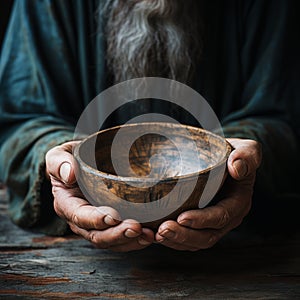 Emaciated hands hold an empty bowl against wood, depicting the reality of hunger photo