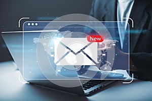 Email alert on laptop, Businessman sending emails or digital newsletters from home to communication connection message in global