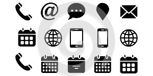 email, chat bubble, address pin, smartphone, calendar, and globe icon set with a silhouette vector design.