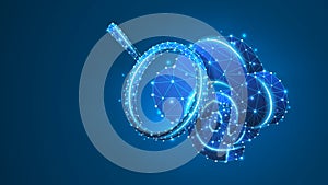Email, Cloud Storage with a magnifying glass. Data access analysis, mailing database, internet server. Low poly, wireframe 3d