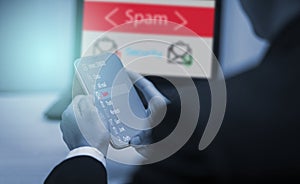 Email concept with laptop spam and virus computer monitor internet security concept, businessman reading electronic mail with a la