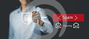 Email concept with laptop spam and virus computer monitor internet security concept, Businessman touch key security icon mail, Spa