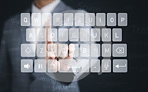 Email concept with laptop spam and virus computer monitor internet security concept, Businessman touch keyboard security icon mail