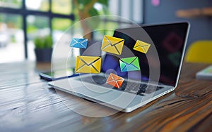 Email concept shown on a laptop used to send and receive e-mails. Email and sms marketing concept