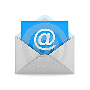 Email concept at sign on blue paper in white envelope