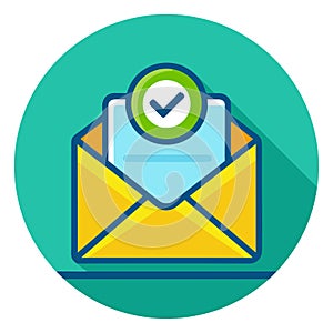 Email confirmation icon with check mark. Flat vector illustration