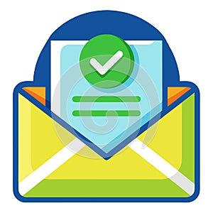 Email confirmation icon with check mark. Flat vector illustration