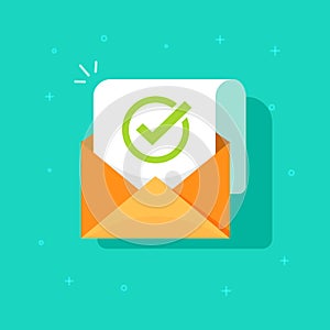 Email confirmation vector illustration, flat cartoon envelope with confirmation letter document, checked and accepted