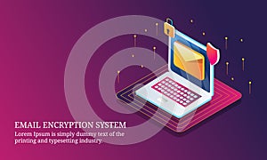 Email encryption system, secure computer data, cyber security, isometric design concept.