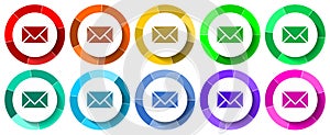 Email, envelope icon set, mail flat design vector illustration in 10 colors options for mobile applications and webdesign