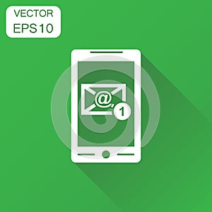 Email envelope message on smartphone icon. Business concept e-mail inbox pictogram. Vector illustration on green background with