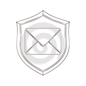 Email envelope within a shield representing security protection. Outline design