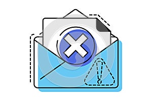 Email error icon. Envelope icon with exclamation mark. Envelope icon and alert, error, alarm, danger symbol. Vector colorful