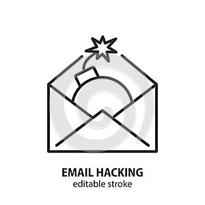 Email hacking line icon. Bomb explodes mail sign. Symbol of computer virus, phishing, scam. Editable stroke