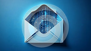 Email icon cut-out of paper hole with binary code inside on blue background internet concept