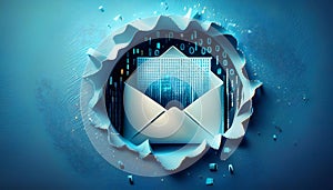 Email icon cut-out of paper hole with binary code inside on blue background internet concept