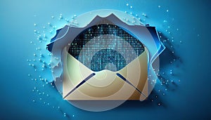 Email icon cut-out of paper hole with binary code inside on blue background internet concept