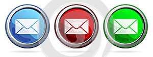 Email icon. Envelope Mail services. Blue, Red and Green silver metallic web buttons