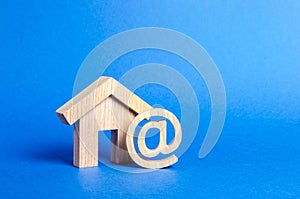 Email icon and house. Contacts for business, home page, home address. communication on Internet. Internet and global communication