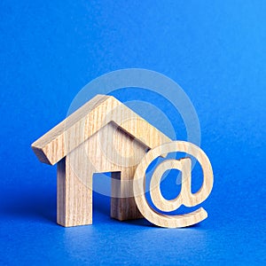 Email icon and house. Contacts for business, home page, home address. communication on Internet. Internet and global communication