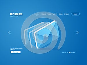 Email icon isometric, website page template vector on blue