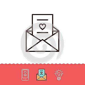 Email icon, Love sms or romantic message icons, Phone sign, Envelope line thin symbol. Vector illustration