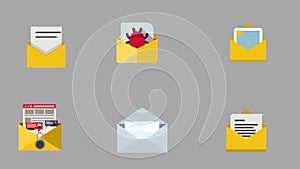 Email icon set animation. Open the envelope with the letter Mail and messaging icon in flat style Bug virus inside email with
