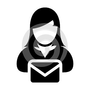 Email icon vector female user person profile avatar with envelope symbol for mail communication in glyph pictogram