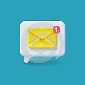 Email icon on white bubble. Newsletter yellow envelop, mail message reminder notification with red marker.