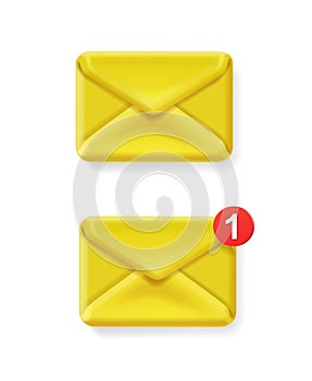 Email icon. Yellow envelope. Notification icon, incoming message. Vector 3d Illustration