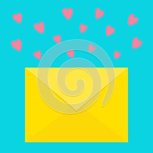 Email icon. Yellow paper envelope. Love letter template with pink flying hearts. New message sign symbol. Unread notification. Fla