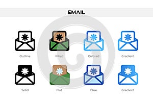 Email icons in different style. Email icons set. Holiday symbol. Different style icons set. Vector illustration