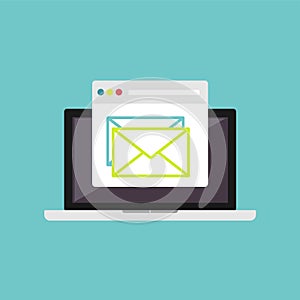 Email illustration. Email marketing. Reading email on laptop