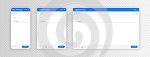 Email interface for different device. Mail window for mobile phone, tablet and computer, internet message isolated frame, blank