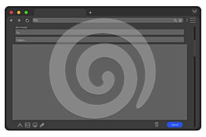 Email interface template of browser window, empty screen frame, blank layout, mockup. Subject and send to form. Simple