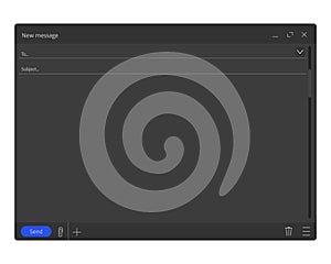 Email interface template of browser window, empty screen frame, blank layout, mockup. Subject and send to form. Simple
