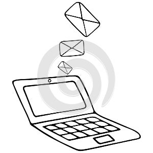 Email and laptop. Letters in an envelope. Vector illustration. Contour on an isolated white background. Doodle style. Sketch.