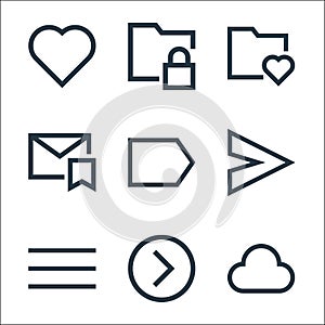 Email line icons. linear set. quality vector line set such as cloud, right, menu, send, right, saved, favourite, lock