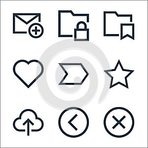 Email line icons. linear set. quality vector line set such as cross, left, upload, favorite, right, love, saved, lock