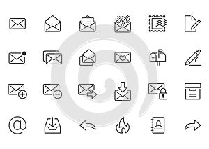 Email line icons set. Letter, spam mail, open envelope, postage stamp, mailbox, new document minimal vector