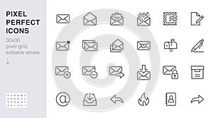 Email line icons set. Letter, spam mail, open envelope, postage stamp, mailbox, new document minimal vector