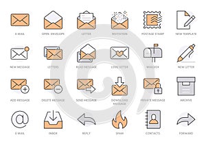 Email line icons set. Letter, spam mail, open envelope, postage stamp, mailbox, new document minimal vector
