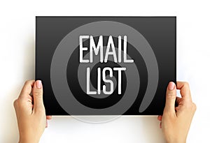 Email List - collection of email addresses, text concept on card