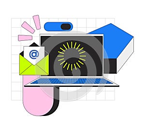 Email and loading throbber on laptop 2D onboarding ui illustration