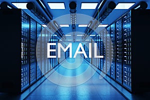 Email logo in large modern data center with multiple rows of network internet server racks, 3D Illustration