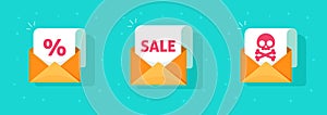 Email mail envelope with discount newsletter sale coupon message icon flat vector graphic illustration, phishing red fraud malware