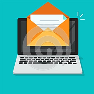 Email mail newsletter inbox vector on laptop computer or new e-mail digital electronic letter document message icon flat cartoon