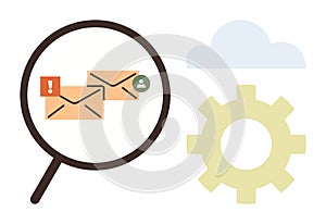Email Management and Analysis with Magnifying Glass, Cloud, and Gear Icon for Workflow Optimization