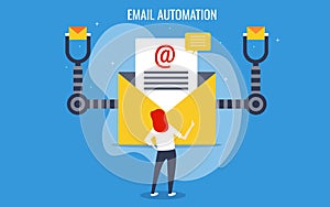 Email marketing automation software, business woman running marketing software. Flat design vector banner.