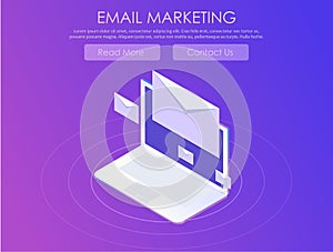 Email marketing banner. Computer on abstract gradient background with envelopes